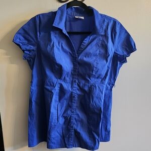 Motherhood Short-Sleeve Button Front Blouse in Cobalt